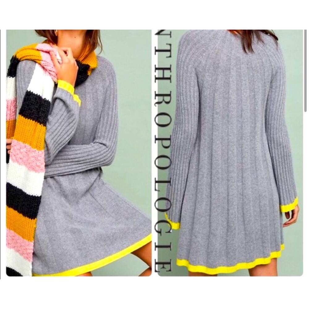 Anthropologie Arsenau Sweater Dress Gray Yellow Ribbed Knit Bell Sleeve Size XS